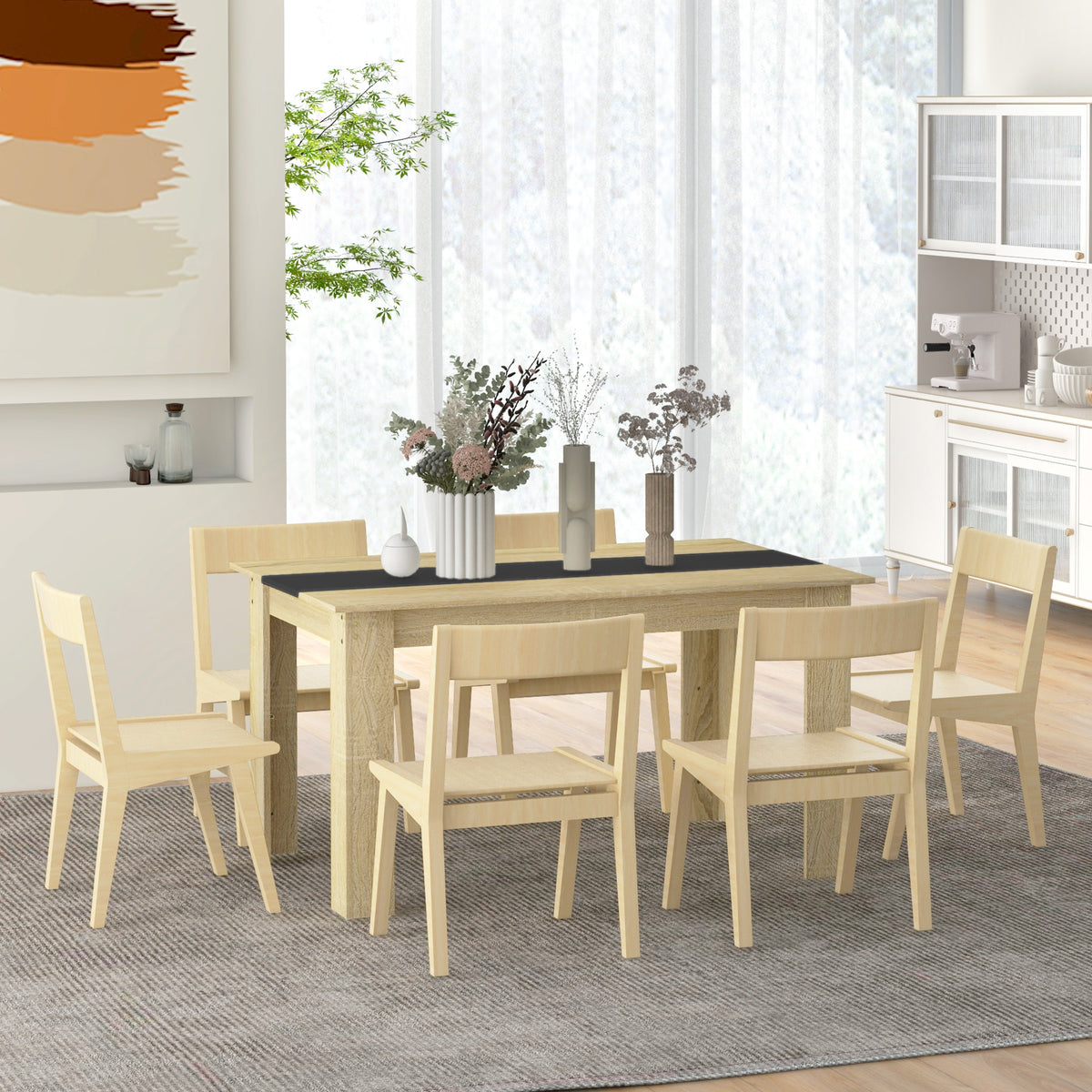 Table de salle à manger pour 6 personnes en bois aspect naturel et noir, dim. 140L x 90l x 75H cm-7