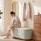 Banc de Rangement Ovale Moderne en Tissu Chenille, Bout de Lit Coffre Charge 220 kg, 91 x 40,5 x 45 cm, Beige-8