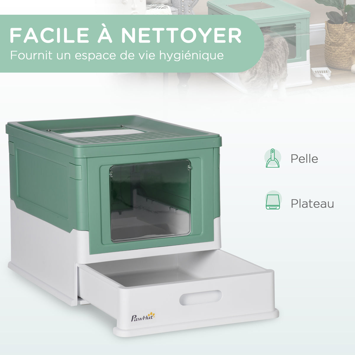 Maison de toilette pour chat pliable double porte battante et supérieure pelle fourni 47,5 x 35,5 x 36,7 cm vert-3