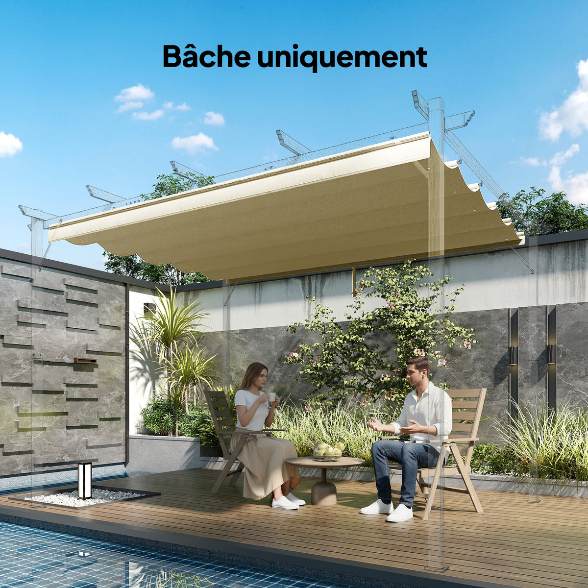 Toile de toit pour pergola tonnelle rétractable de 4 x 3 m - toile uniquement 350 x 260 cm beige-9