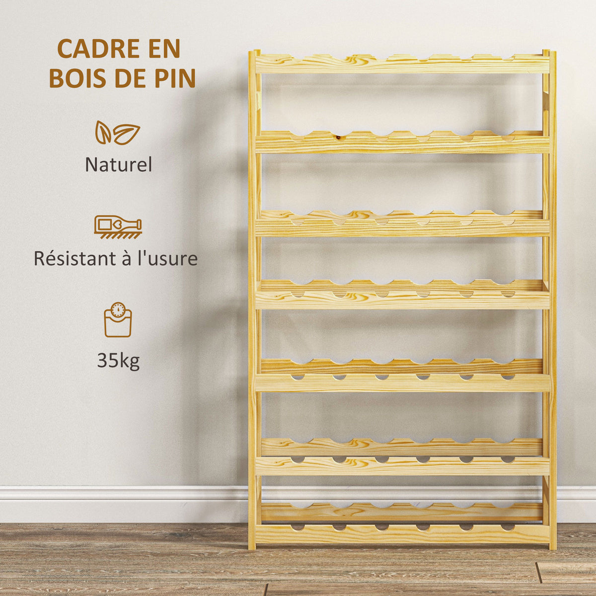 Casier à bouteilles, porte-bouteille en bois à 7 niveaux pour 42 bouteilles, 63 x 25 x 102cm, naturel-4
