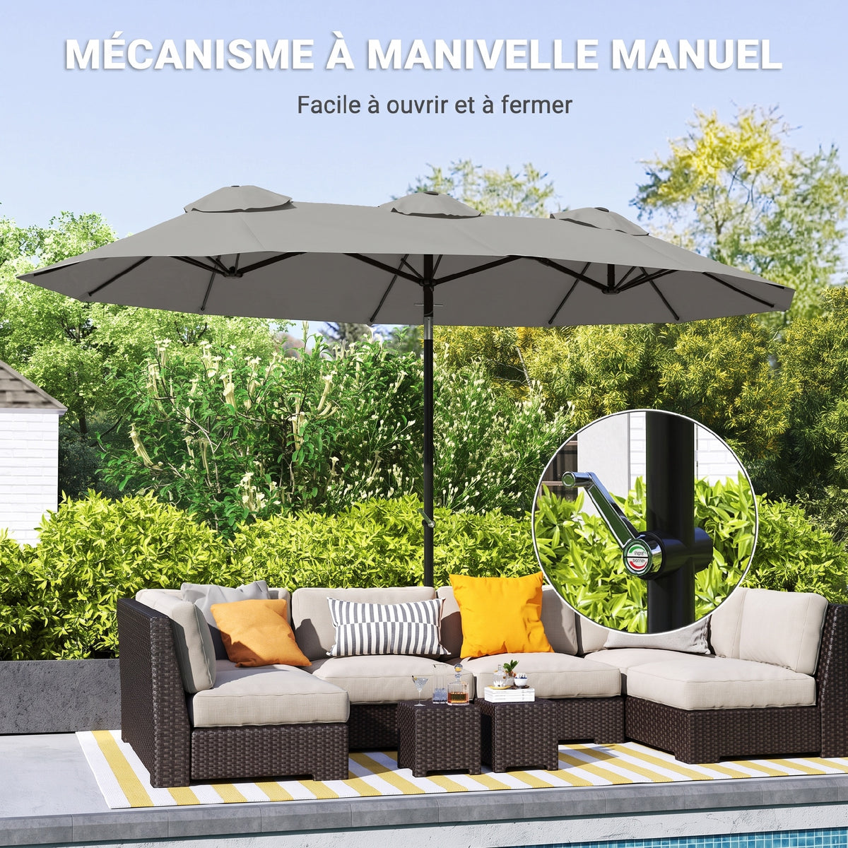 Parasol de Jardin Exterieur Inclinable 3 x 1,5 m, Parasol Double Rectangulaire avec Manivelle, Polyester 180 g/m², Gris-5