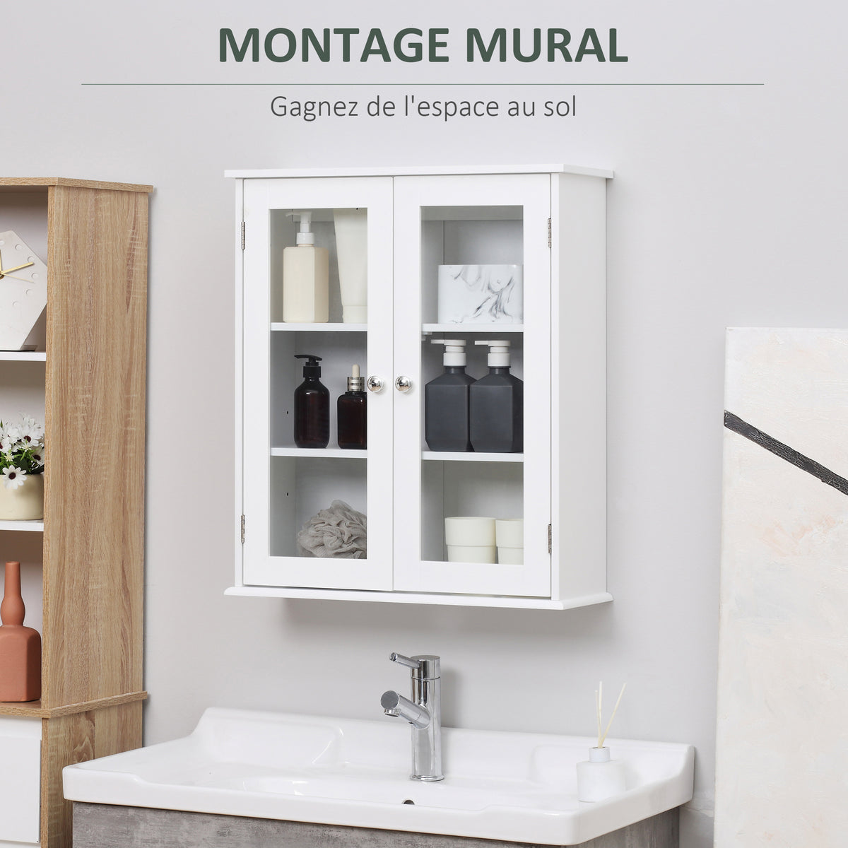 Armoire murale de salle de bain, meuble haut salle de bains avec 2 portes en verre, étagère réglable, 55x20x65cm, blanc-6