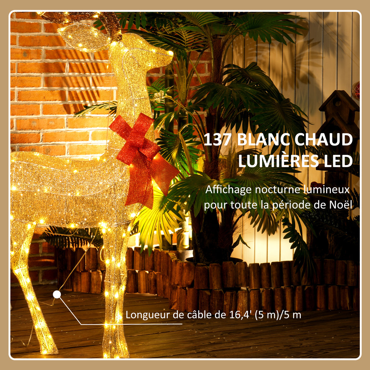Renne de Noël lumineux, décoration renne lumineux Noël en acier, avec 137 LED blanc chaud, 66 x 25 x 135 cm, or-4
