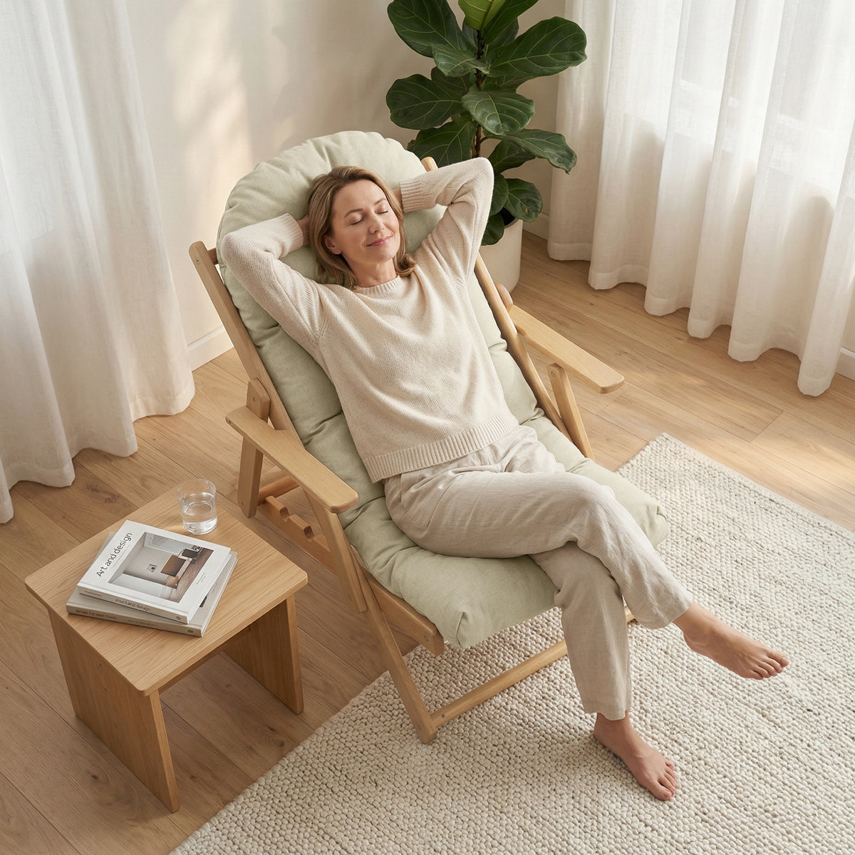 Fauteuil Chaise de Salon Pliable et inclinable en Bois Fauteuil Relax Confortable avec Coussin capitonné épais-6