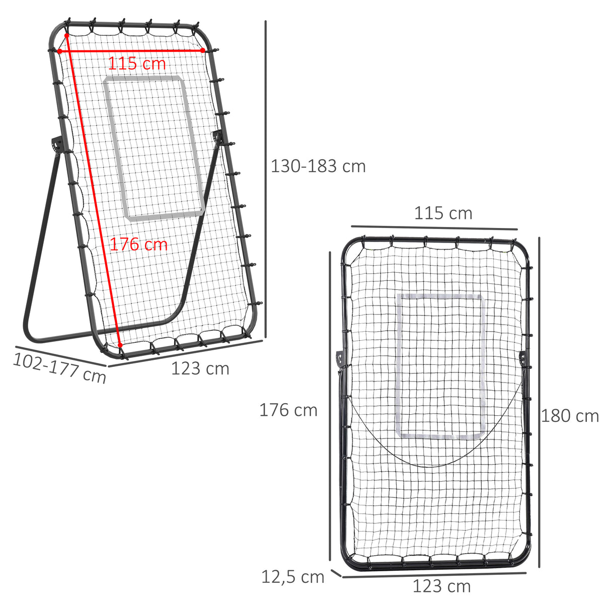 Filet de rebond de football ajustable hauteur angle réglables rebondeur pour football pliable cible sardines de fixation fournies 123 x 73 x 178,5 cm noir blanc-2