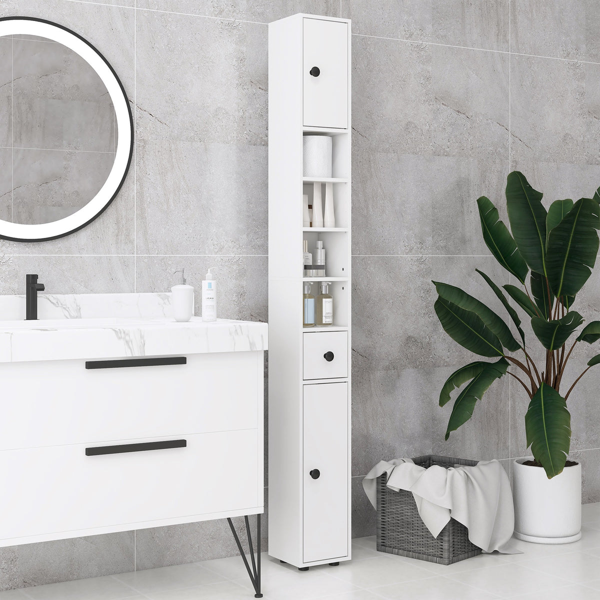 Colonne de rangement armoire haute pour salle de bain 1 tiroir 4 étagères réglables et 2 placards 20 x 20 x 180 cm blanc-6