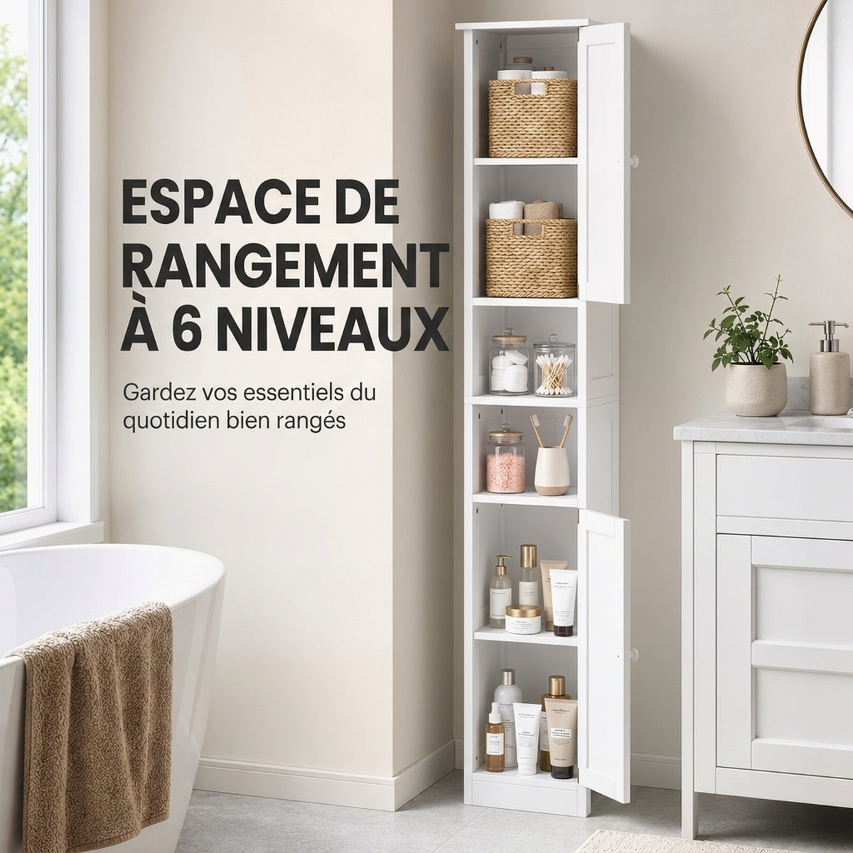 Meuble de salle de bain haut, meuble de rangement avec 2 portes, 2 compartiments ouverts, étagère réglable, blanc-4