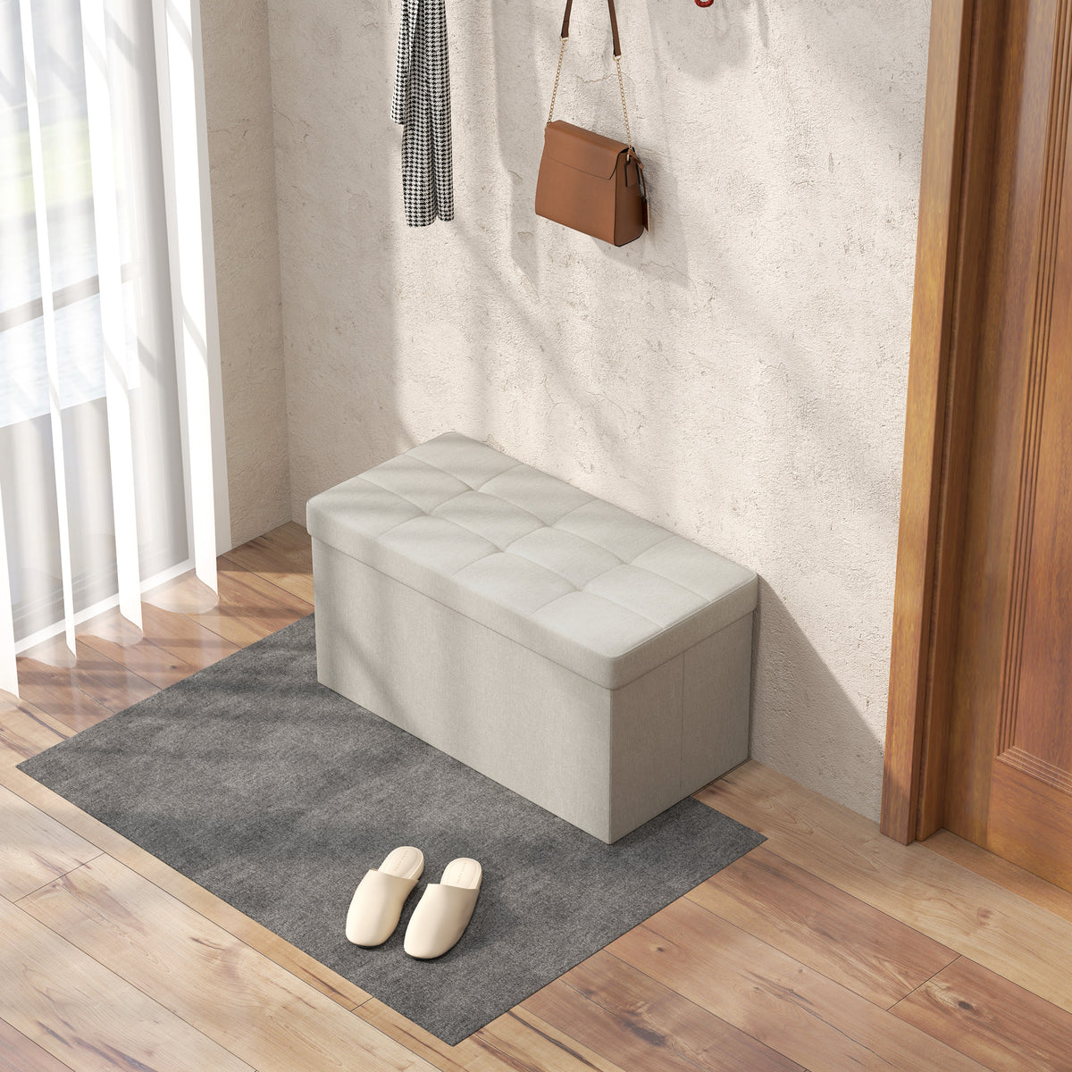 Banc de rangement pouf de rangement pliable bout de lit repose-pieds avec couvercle capitonnée 76L x 38l x 38H cm crème-1