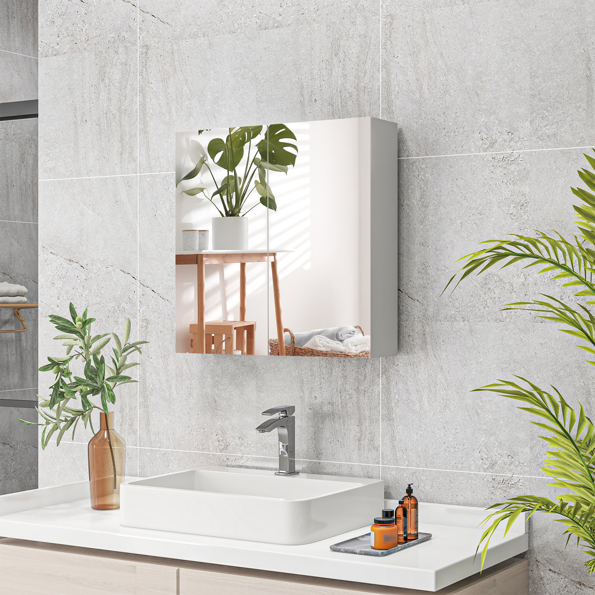 Armoire murale de salle de bain miroir placard de rangement 2 portes 3 niveaux étagère réglable 60 x 15 x 60 cm blanc-9