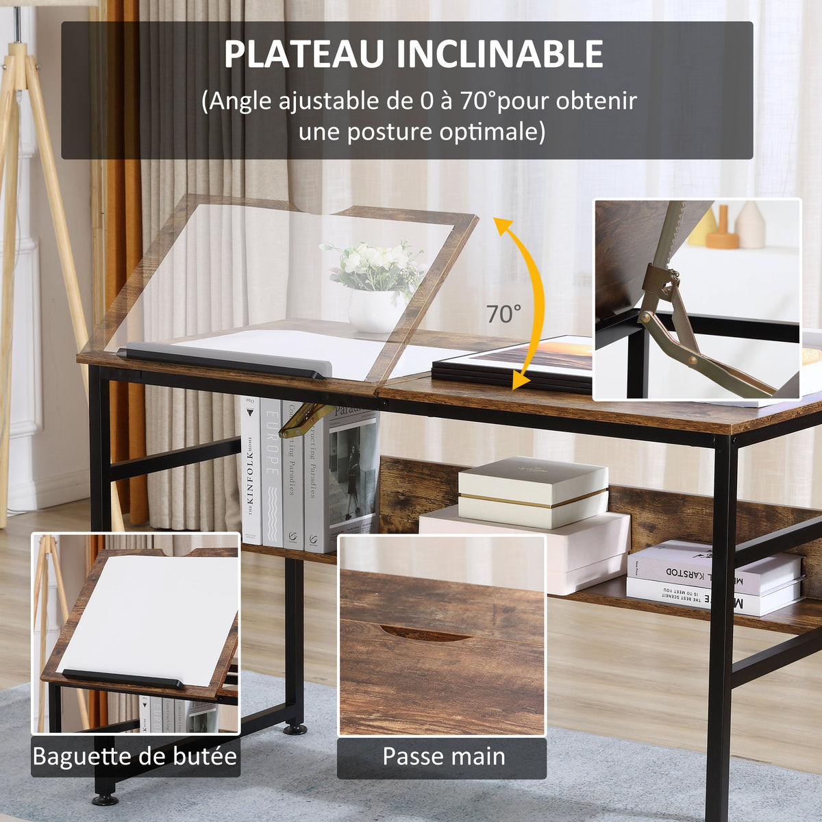 Table à dessin inclinable bureau informatique design industriel - plateau relevable, étagère - panneaux particules aspect vieux bois métal noir-3