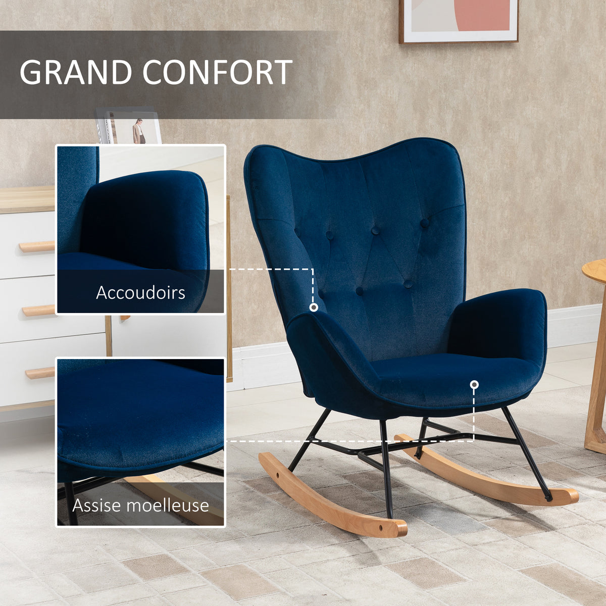 Fauteuil à Bascule, Rocking Chair, fauteuil allaitement confortable avec Structure en bois massif et métal pour Salon, Chambre, Balcon, Velours Bleu-5