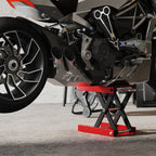 Cric de Moto à Ciseaux 500 kg, Hauteur de Levage 10-37 cm - Lève-Moto en Acier avec Plateforme Antidérapante - Béquille d'Atelier Tout-Terrain pour Entretien Atelier, Rouge-9