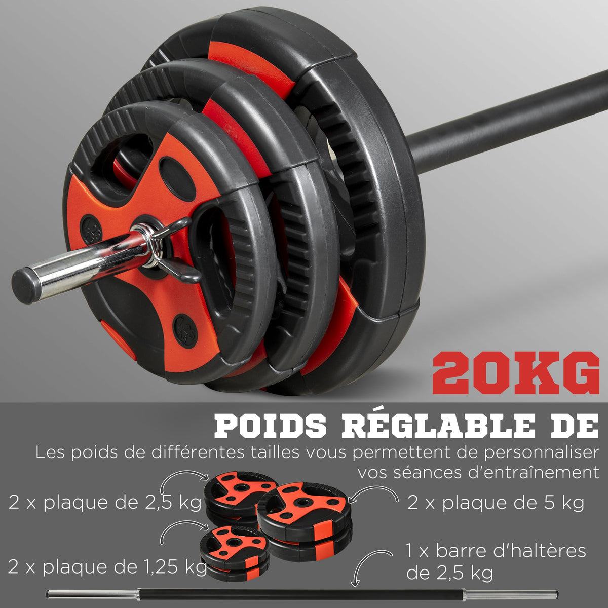 Ensemble d'haltère 20 kg kit barre de musculation avec poignée antidérapante, poids réglable, Ø 27 x 140 cm noir-3