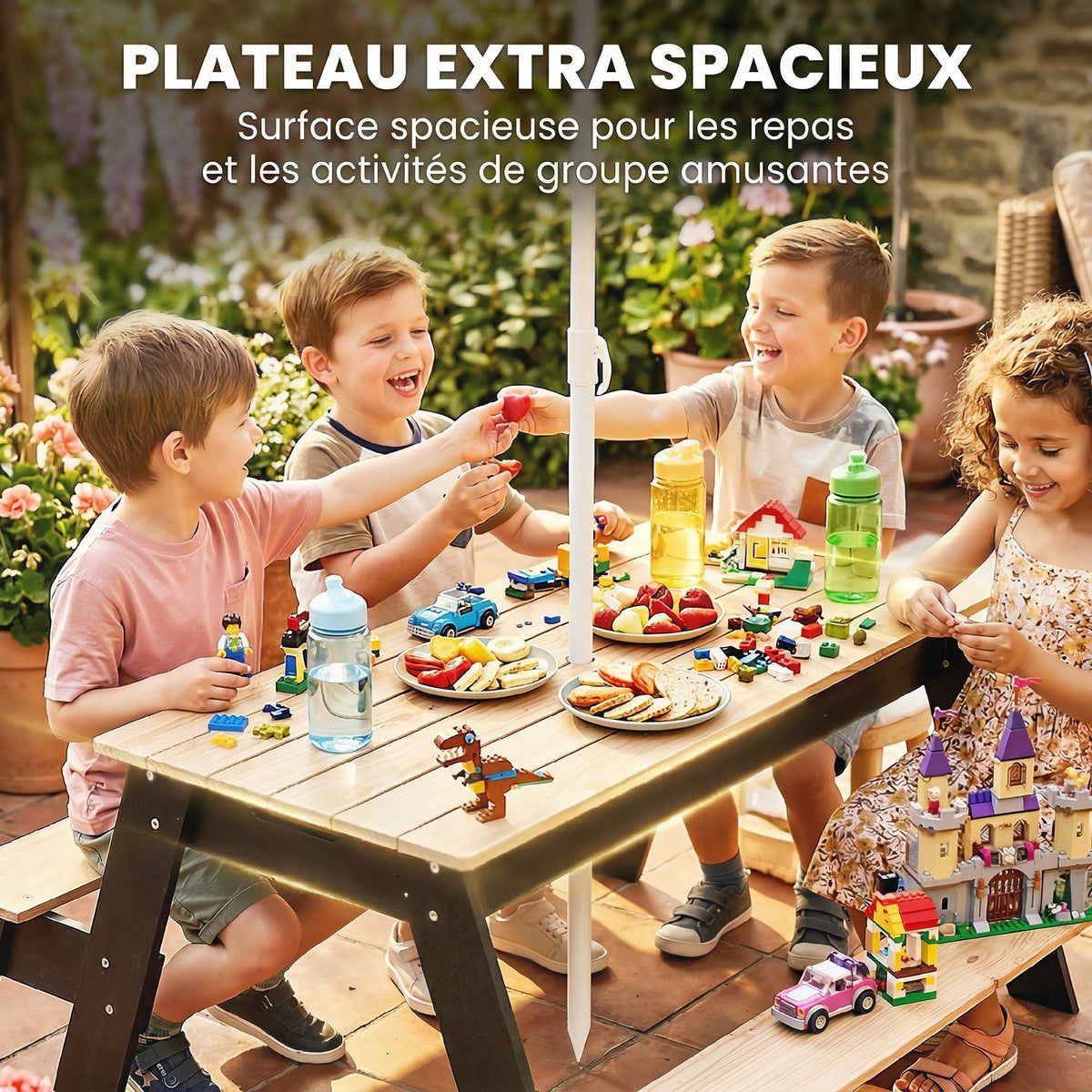 Table de pique-nique enfants avec parasol, 3 en 1 salon de jardin en bois pour enfants 3-6 ans avec 2 boîtes, naturel-5