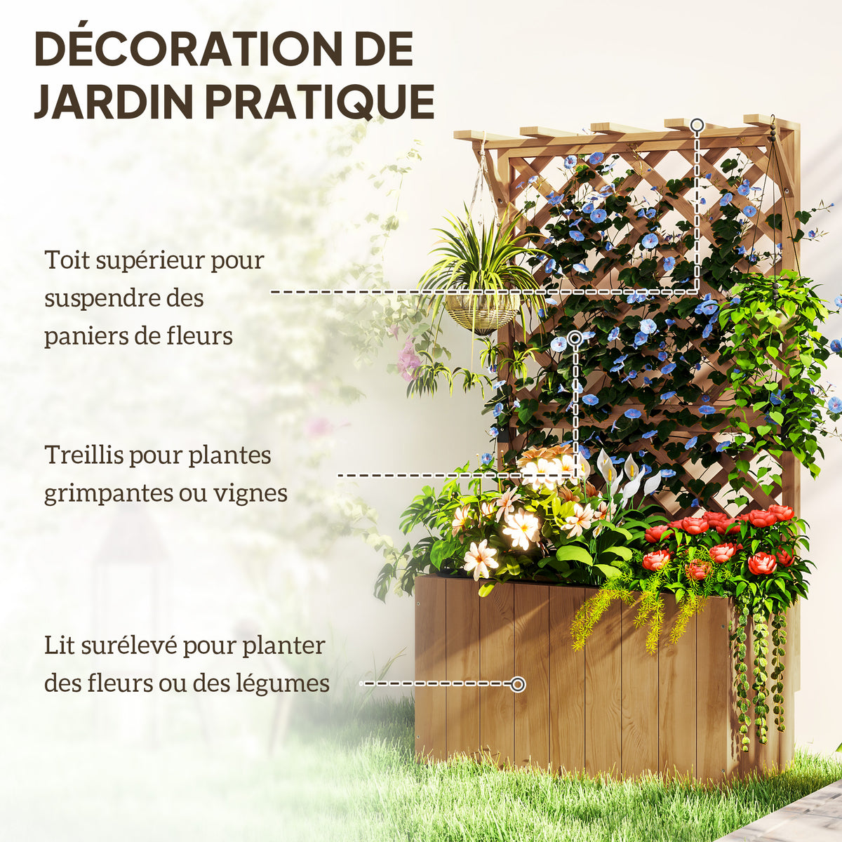 Jardinière avec treillis, bac à fleurs en bois massif avec trous de drainage et doublure, 64 x 33 x 122 cm, bois naturel-3