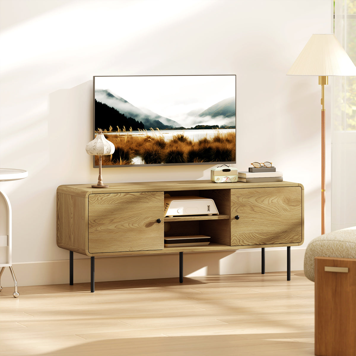 Meuble TV, meuble télé jusqu'à 55 pouces avec 2 portes, 2 compartiments ouverts, pieds en acier, 120x40x50cm, chêne-1