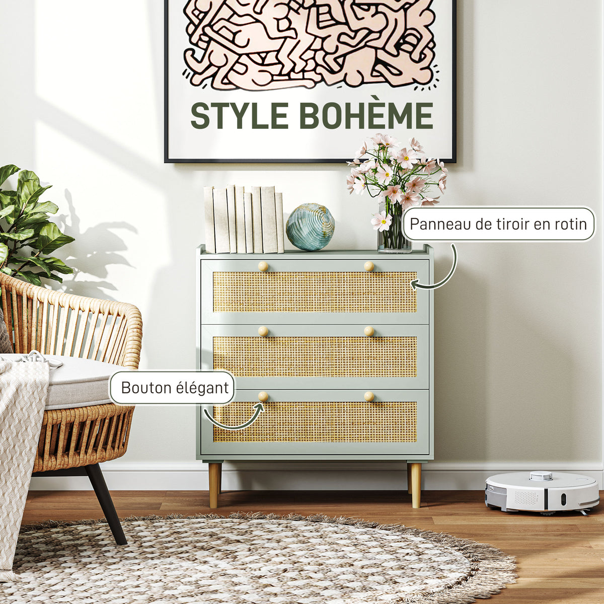 Commode design bohème en rotin avec 3 tiroirs, meuble de rangement pour le salon, le couloir, l'entrée, vert olive-4