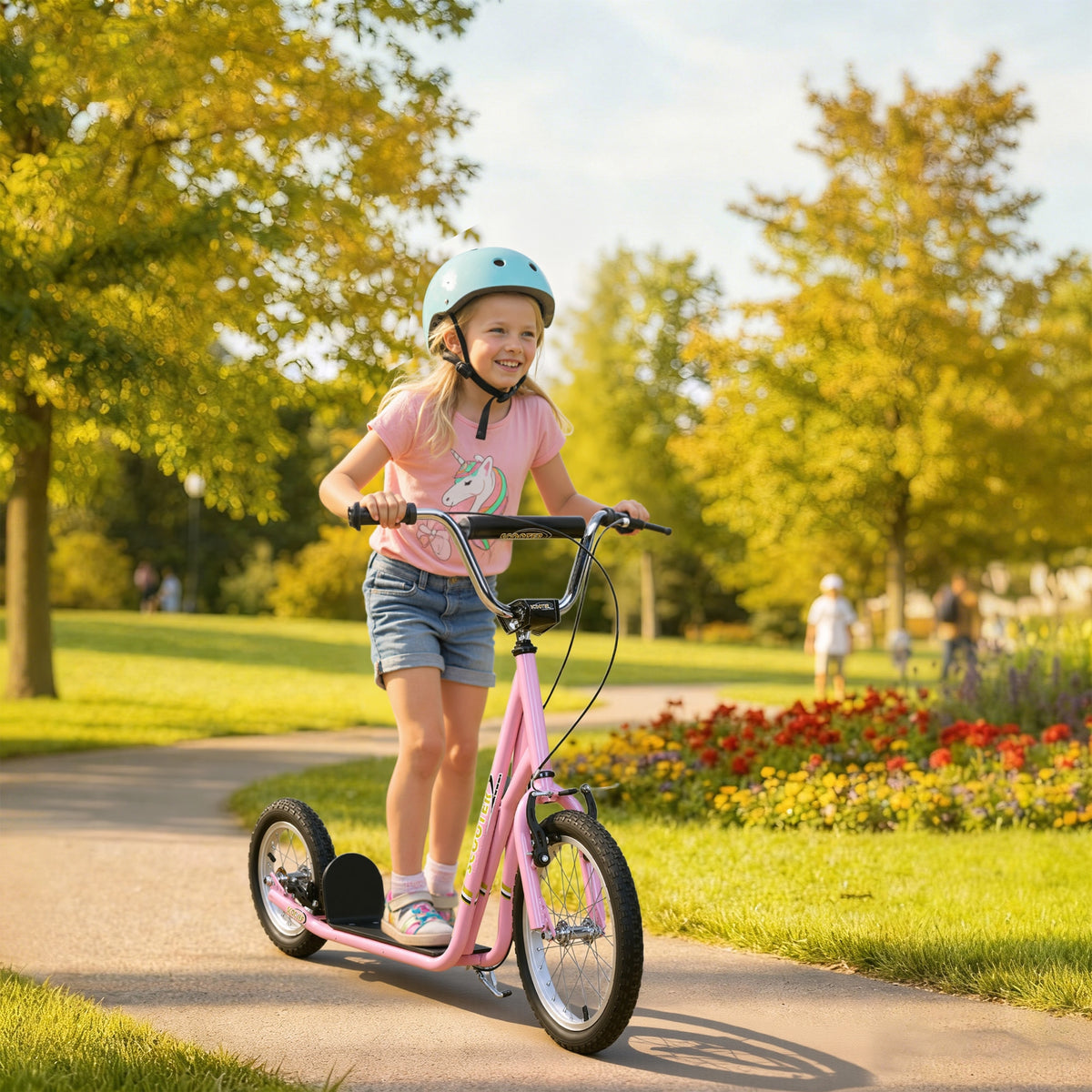 Trottinette patinette Enfant à partir de 5 Ans Grands pneus Guidon réglable poignées Freins et béquille Acier Rose-1