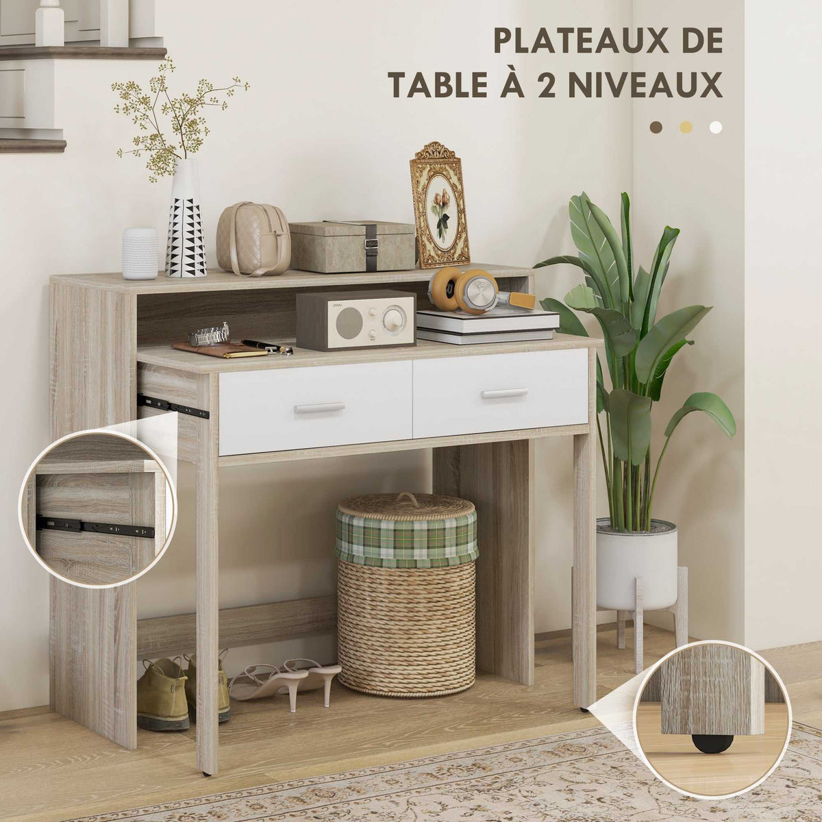 Table console avec plateau coulissant et 2 tiroirs, table de couloir avec rangement, 95l x 35P x 87H cm, aspect chêne-3