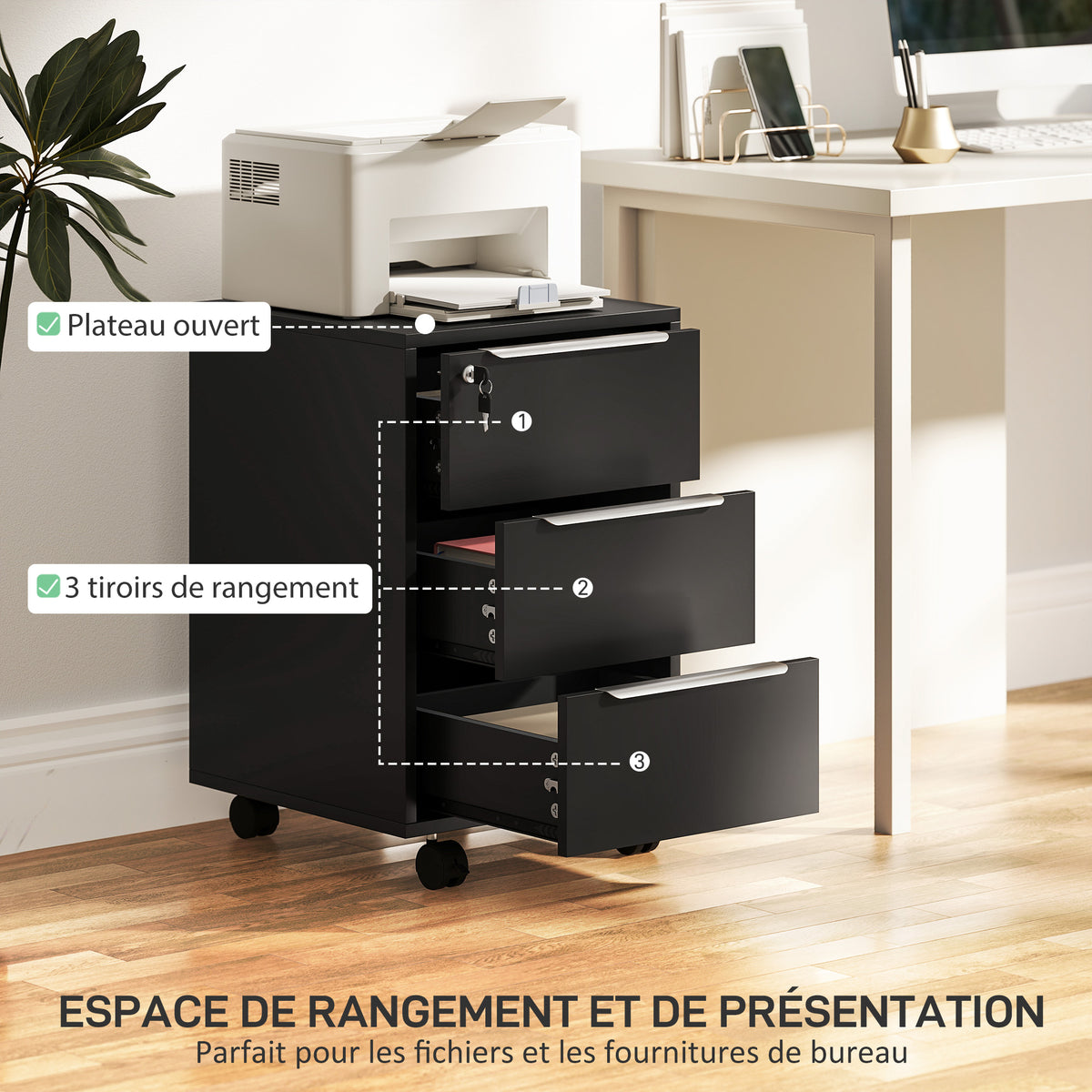 Caisson de bureau à roulettes avec 3 tiroirs et serrure, meuble rangement bureau sur roulettes, 40 x 40 x 63,5 cm, noir-3