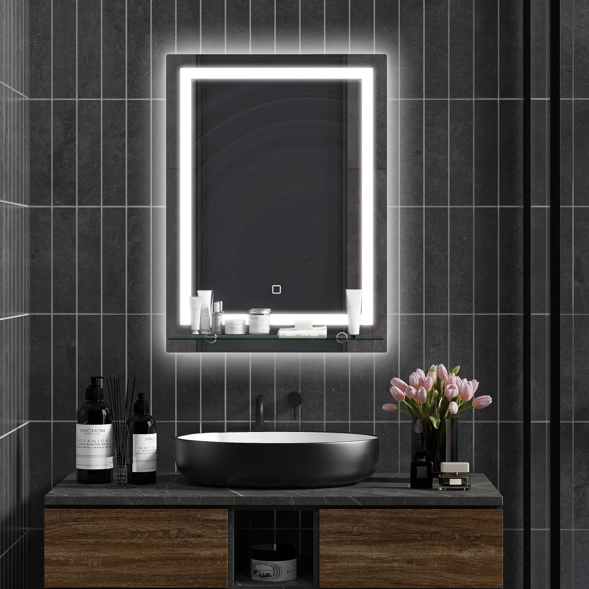 Miroir lumineux LED mural de salle de bain avec étagère intégrée 3 couleurs luminosité réglable interrupteur tactile-9