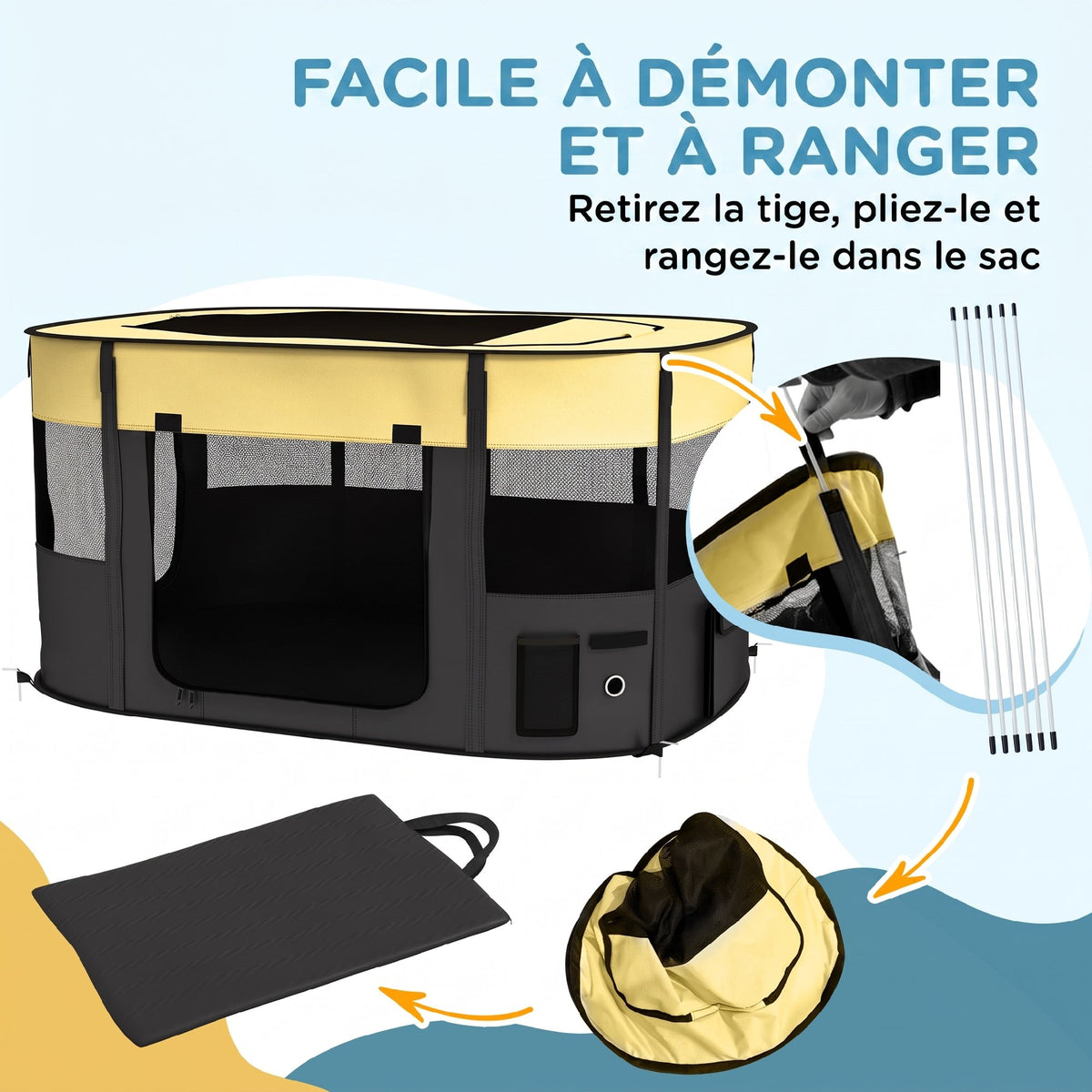Parc pliable pour animaux de compagnie parc pour chiots en tissu Oxford avec fenêtres et portes sac de rangement jaune-5