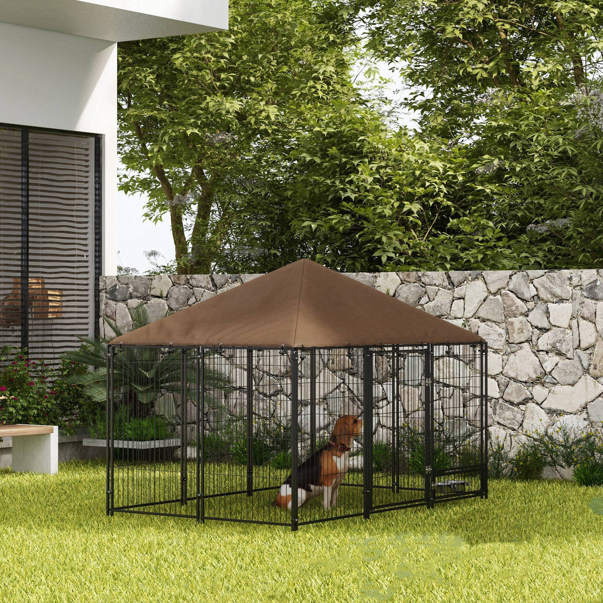 Chenil extérieur pour Chiens en acier et Tissu Oxford Support gamelle et Toit résistant aux intempéries Espace spacieux-9