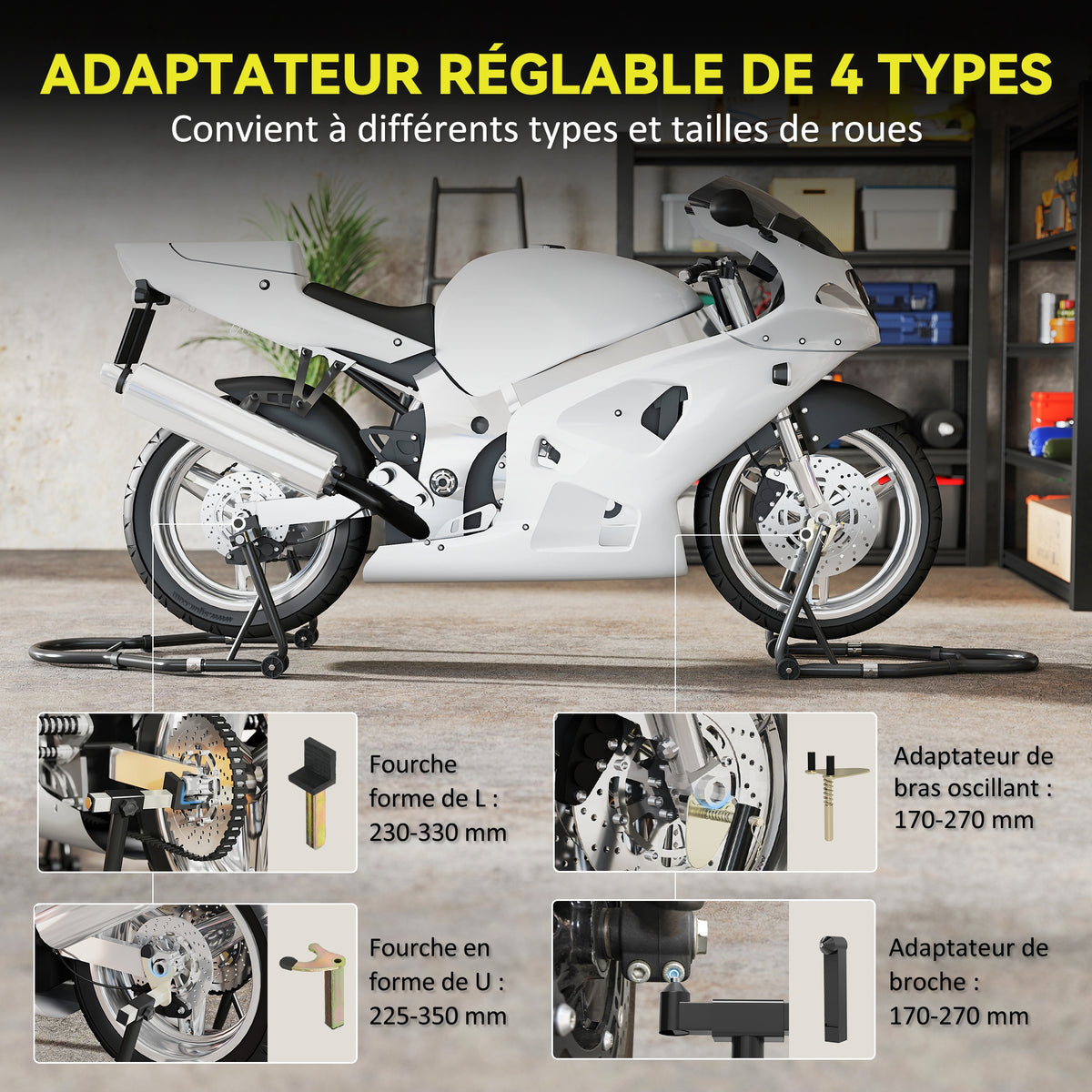 Béquille roue avant arrière charge 390 kg béquille d'atelier moto bras réglable en acier, fourche en forme de U + L noir-4