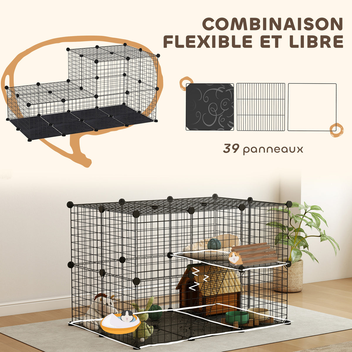 Enclos pour petits animaux, cage à lapin modulable 3 niveaux, 39 panneaux avec rampes, en métal, 70 x 70 x 105 cm, noir-3