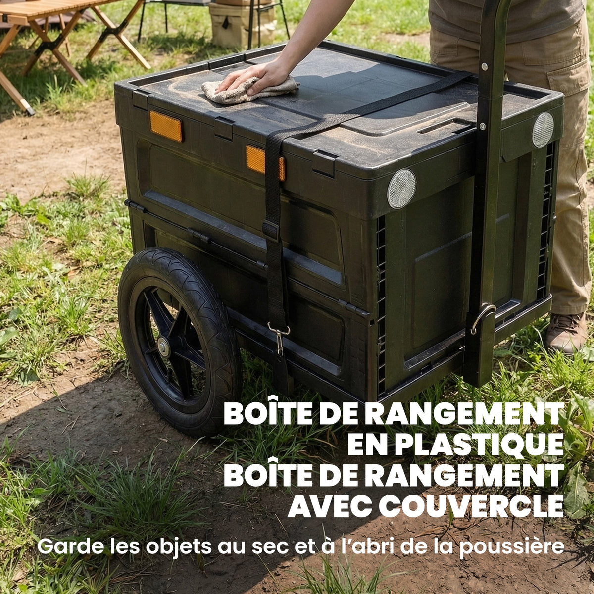 Remorque Vélo Cargo Chariot de Transport Pliable Caisse Plastique 65L Couvercle Dégagement Rapide 145x51,5x72cm Noir-4