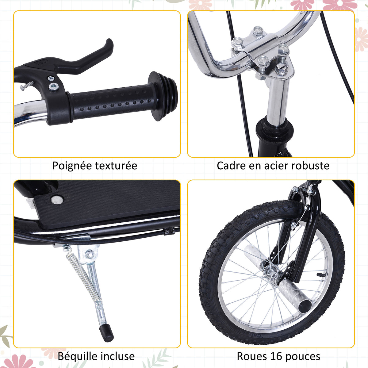Trottinette patinette Grandes Roues pneumatiques Ø 41 cm Hauteur Guidon réglable béquille pegs Inclus Acier Noir-4