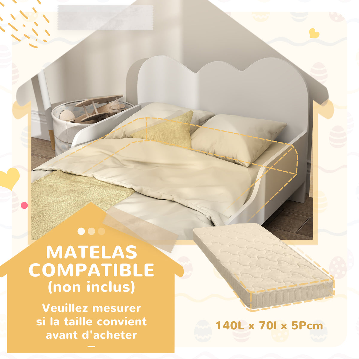 Lit enfant lit au sol enfant 70x140 cm avec barrière de sécurité, sommier à lattes inclus et décorations de nuage, blanc-6