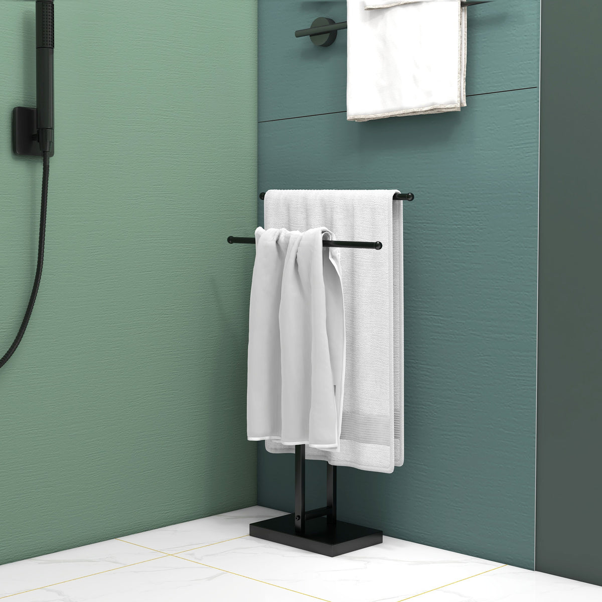 Porte-serviettes sur pied autoportant 2 niveaux en métal pour la salle de bain, dim. 50l x 18,5P x 85H cm, noir-5