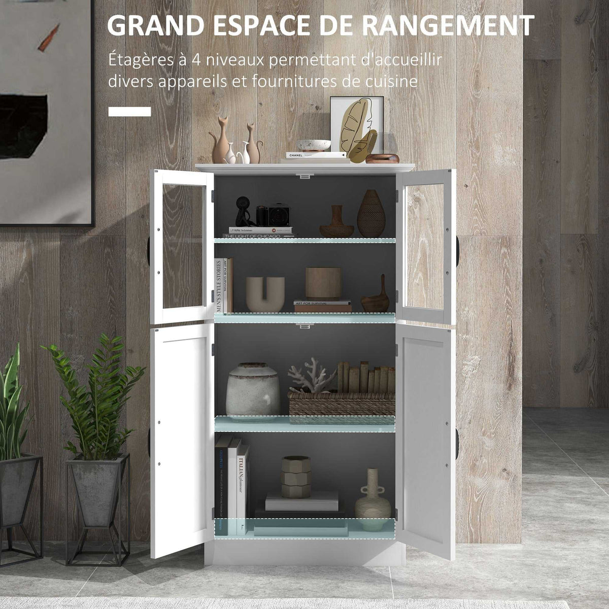 Buffet de cuisine armoire multi-rangements 2 placards, portes en verre, 4 étagères en bois blanc-3