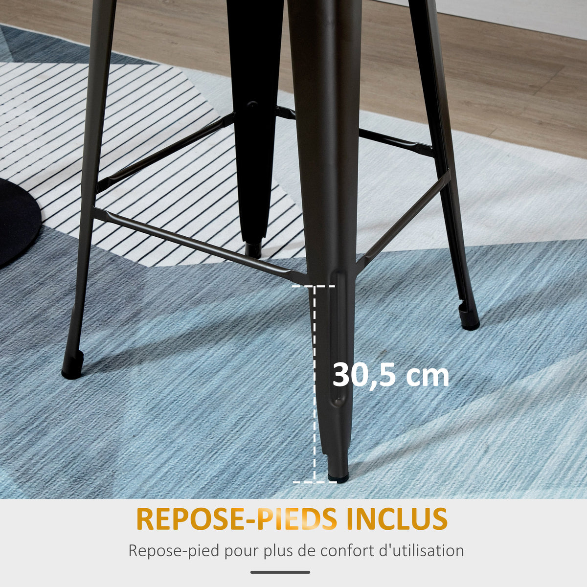 Lot de 4 tabourets de Bar Industriel avec Dossier Repose-Pied Hauteur Assise 76 cm métal noir Panneaux Multicouches Imitation Bois Clair-5