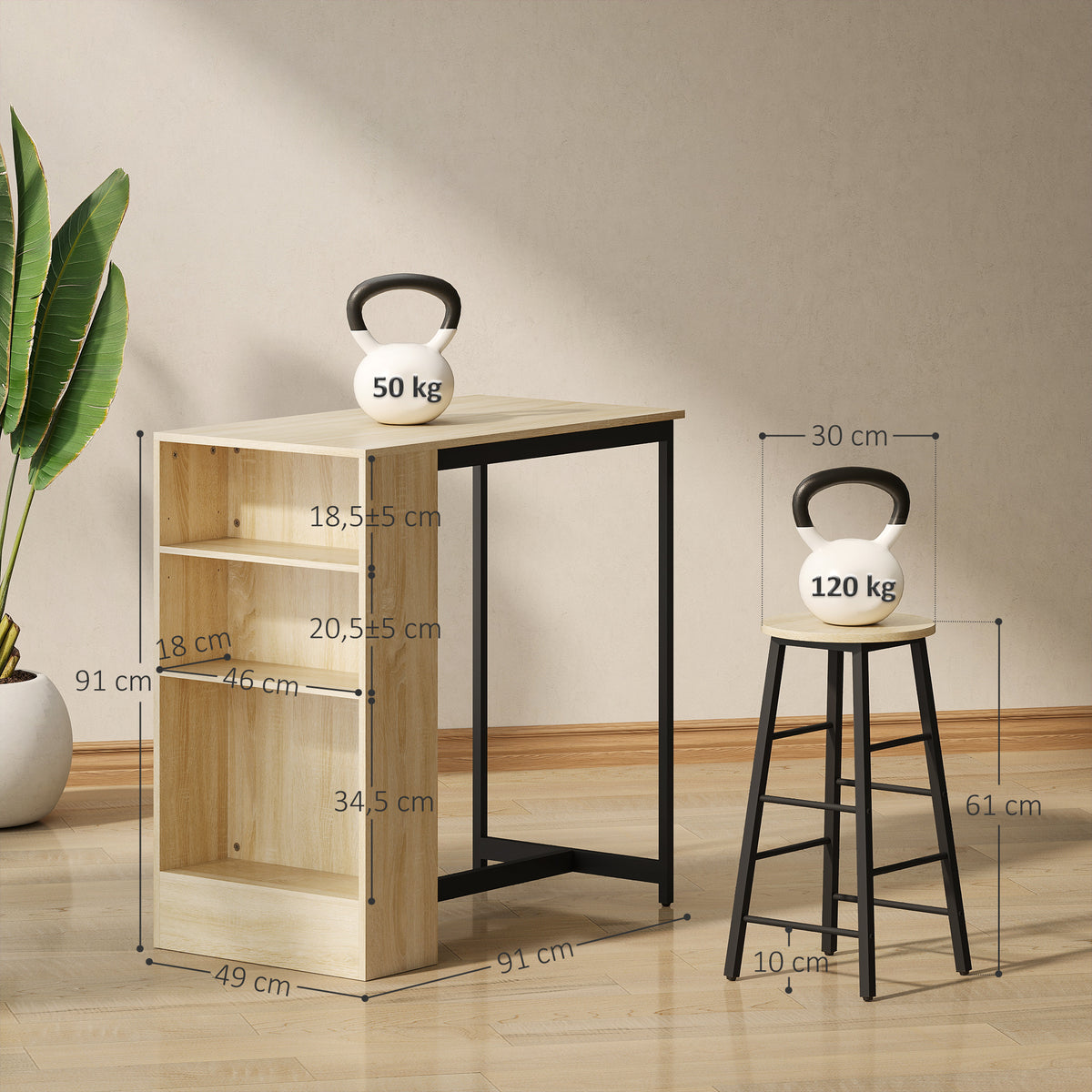 Ensemble table de bar avec tabourets, compartiments ouverts, étagère réglable et repose-pieds, chêne et noir-2