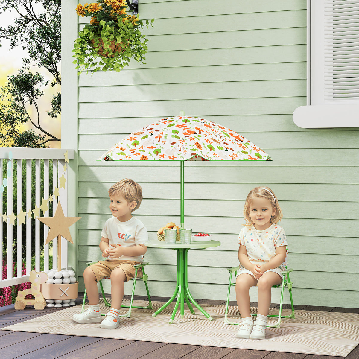 Ensemble salon de jardin extérieur enfant 4 pièces, motif éléphant et girafe, parasol réglable Ø 100 cm, chaise pliable-1