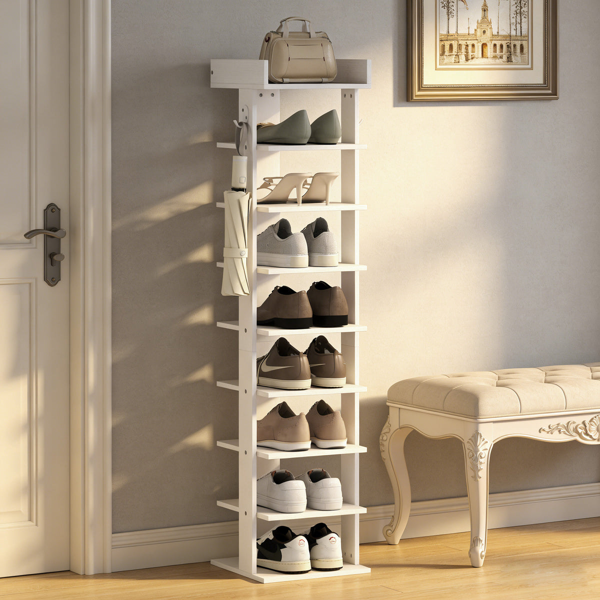 Étagère chaussure à 9 niveaux, range-chaussure jusqu'à 9 paires avec plateau supérieur, 2 crochets, 30x30x128,4cm, blanc-8