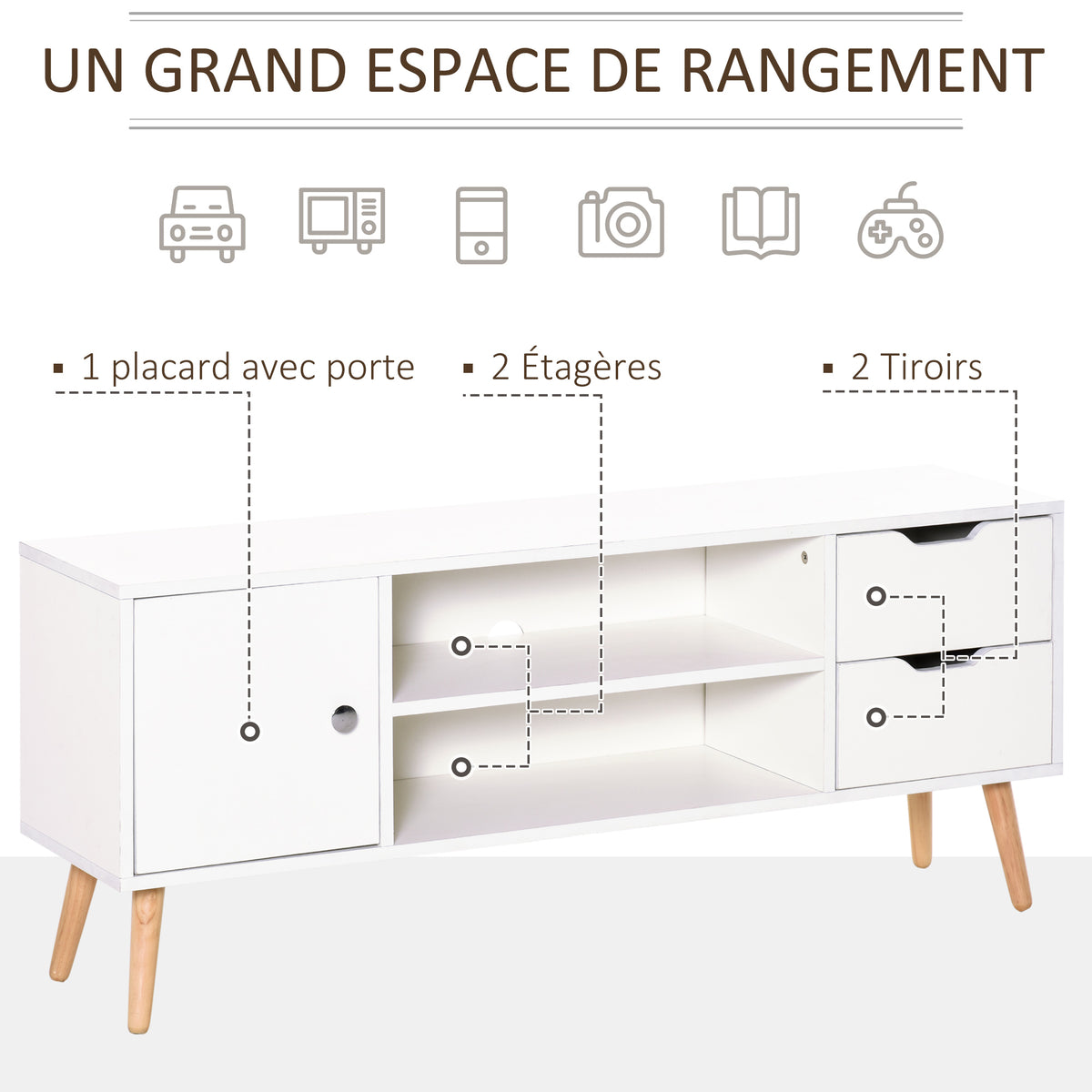Meuble TV Banc TV Style scandinave Placard 2 niches 2 tiroirs Passe-Fils Panneaux Particules Blanc Bois pin-3