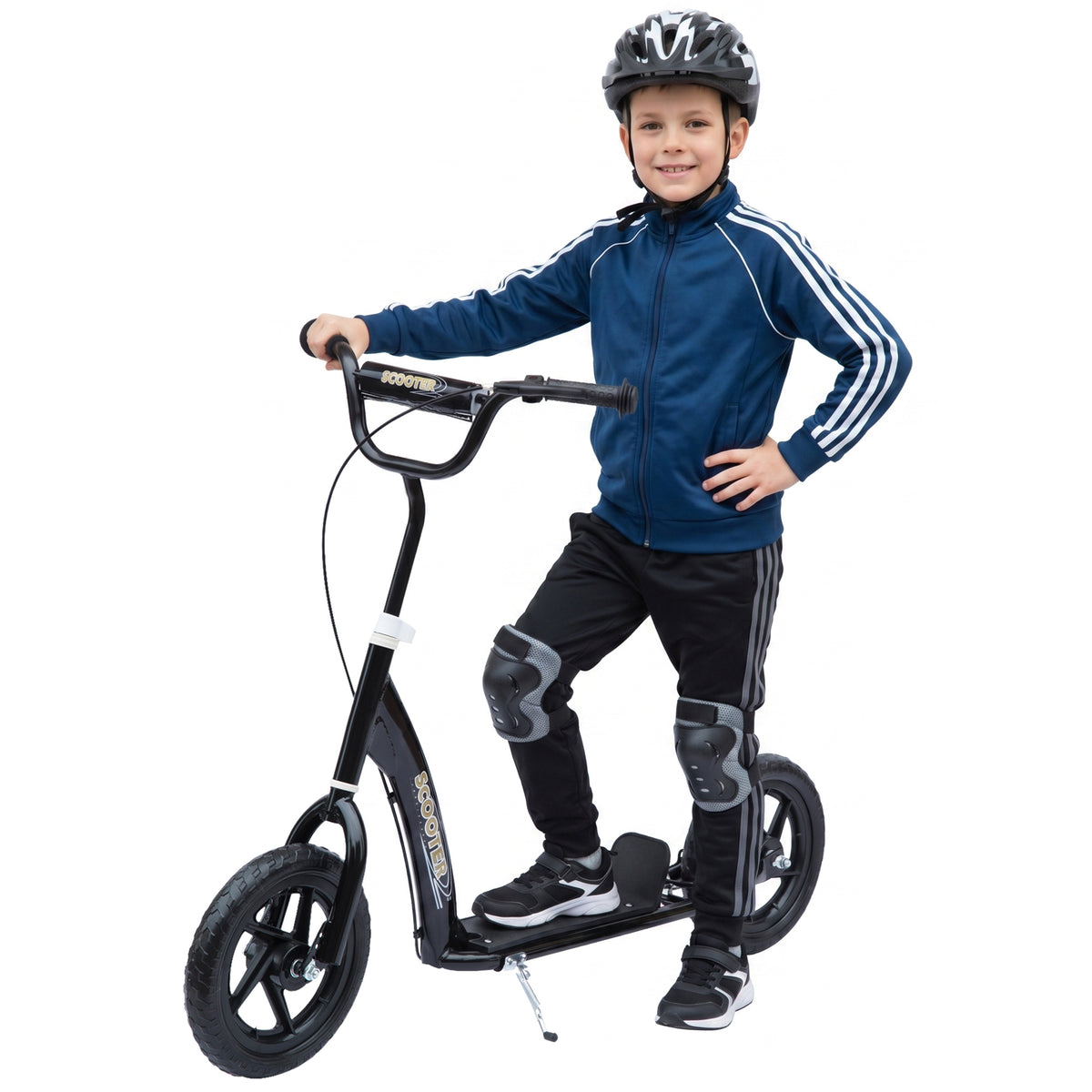 Trottinette enfant patinette pneus 30 cm Hauteur Guidon réglable poignée Frein béquille Acier enfants 5 ans Noir-0