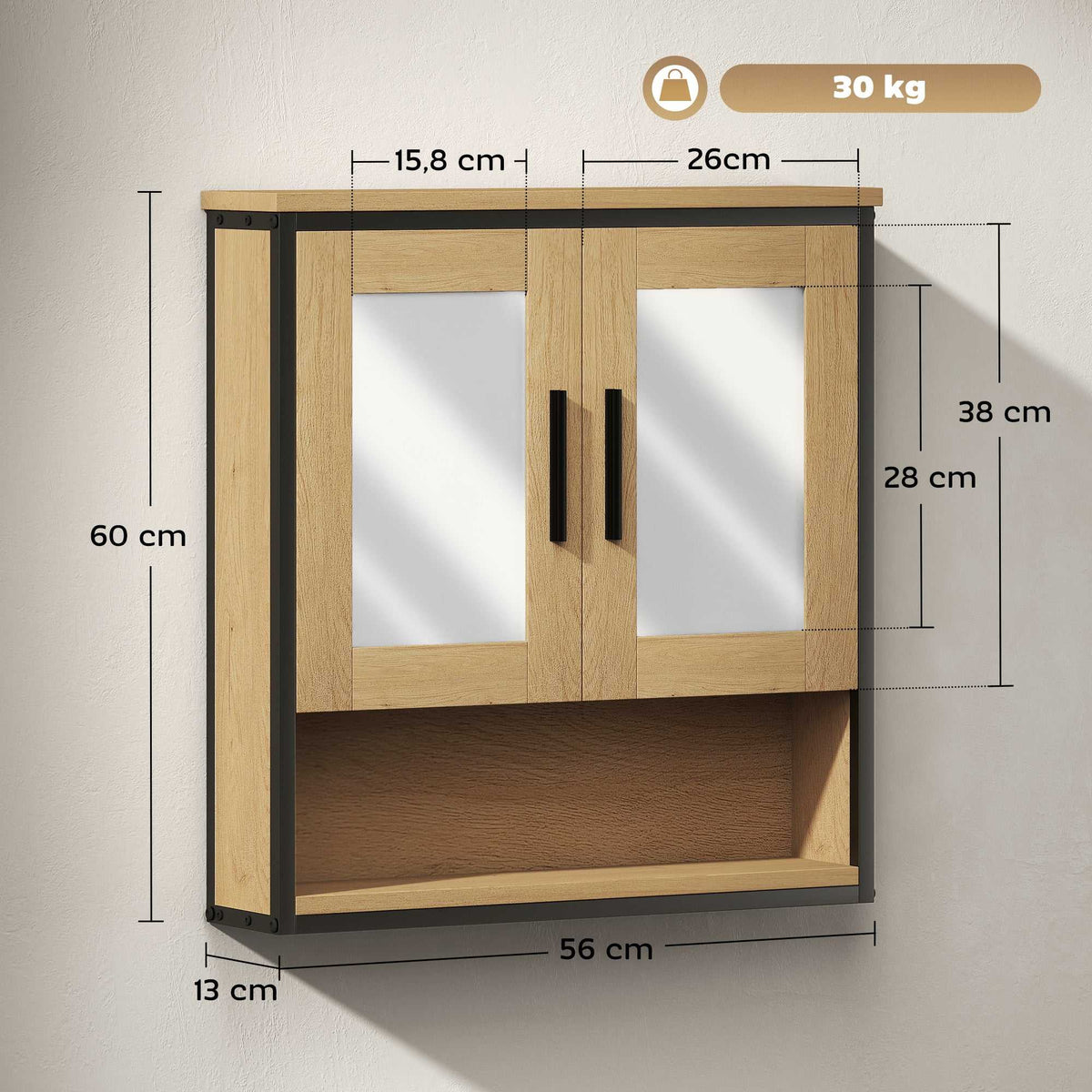 Armoire murale salle de bain avec miroir, meuble salle de bain avec compartiment ouvert et étagère réglable, chêne-2