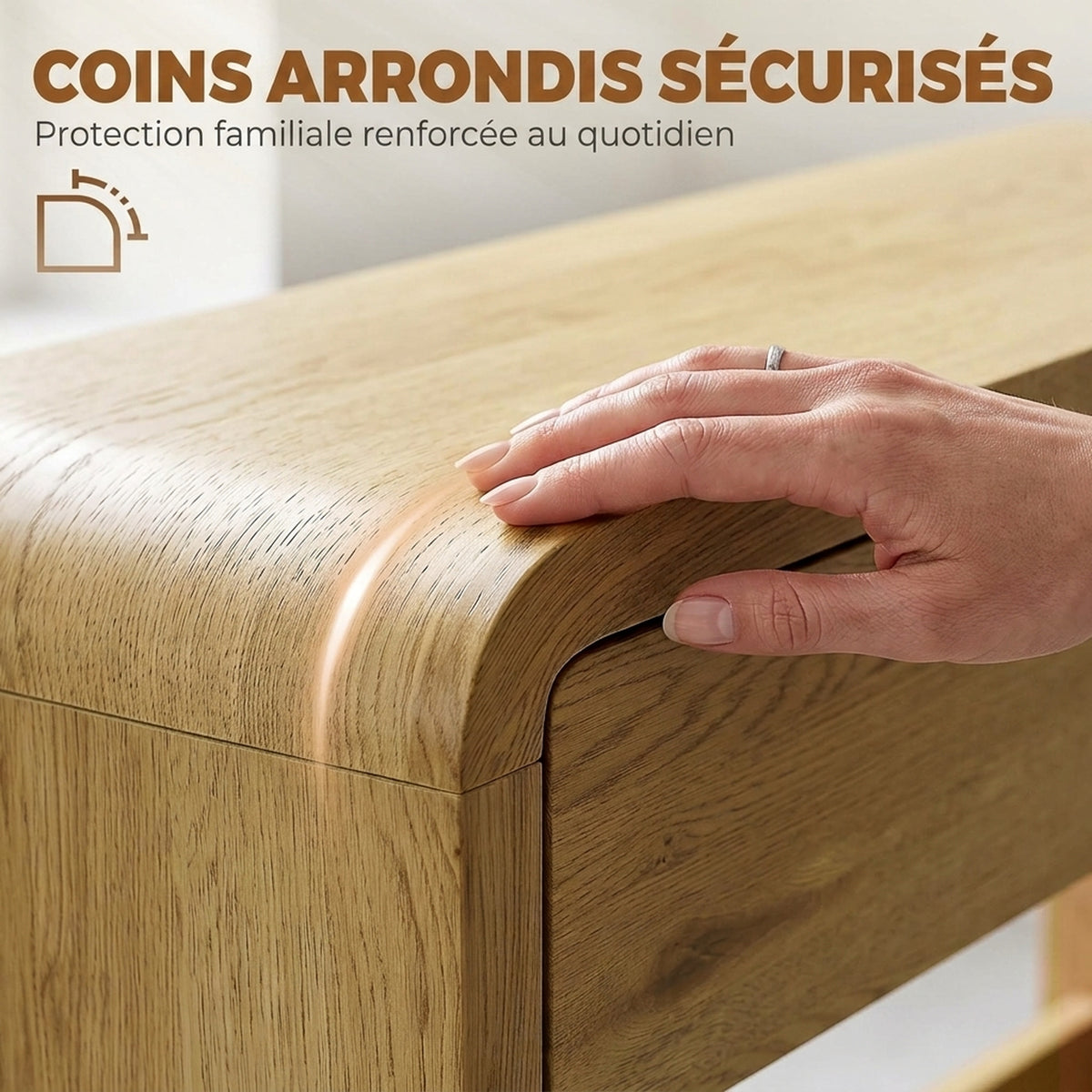 Table Console avec 2 Tiroirs, Console Meuble, 100 x 30 x 85 cm, Coins Arrondis et Plateau Épais, Bois Naturel-4