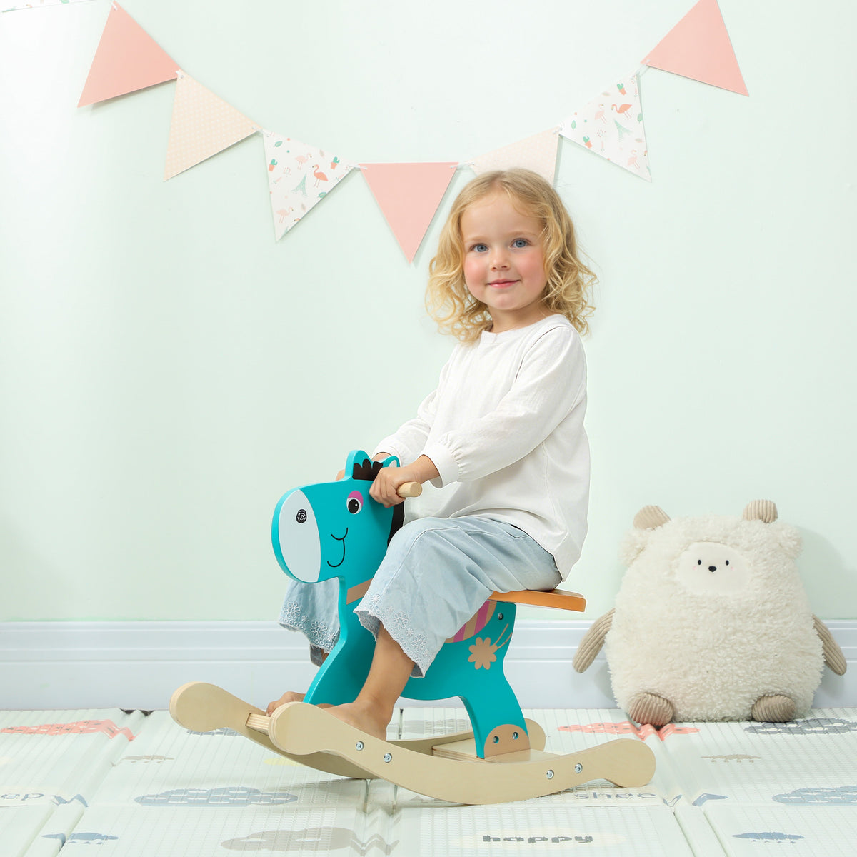 Cheval à bascule pour enfants, âne jouet à bascule bébé en bois avec guidon et base stable, 59 x 27 x 43 cm, vert foncé-1