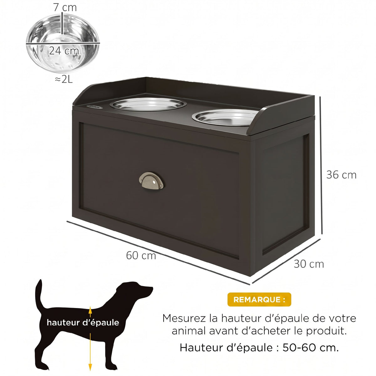 Gamelles Chiens Surélevées, Porte-Gamelles Surélevé Rangement 2 en 1, Tiroir, 2 Gamelles, 60x30x36cm, Marron Café-2