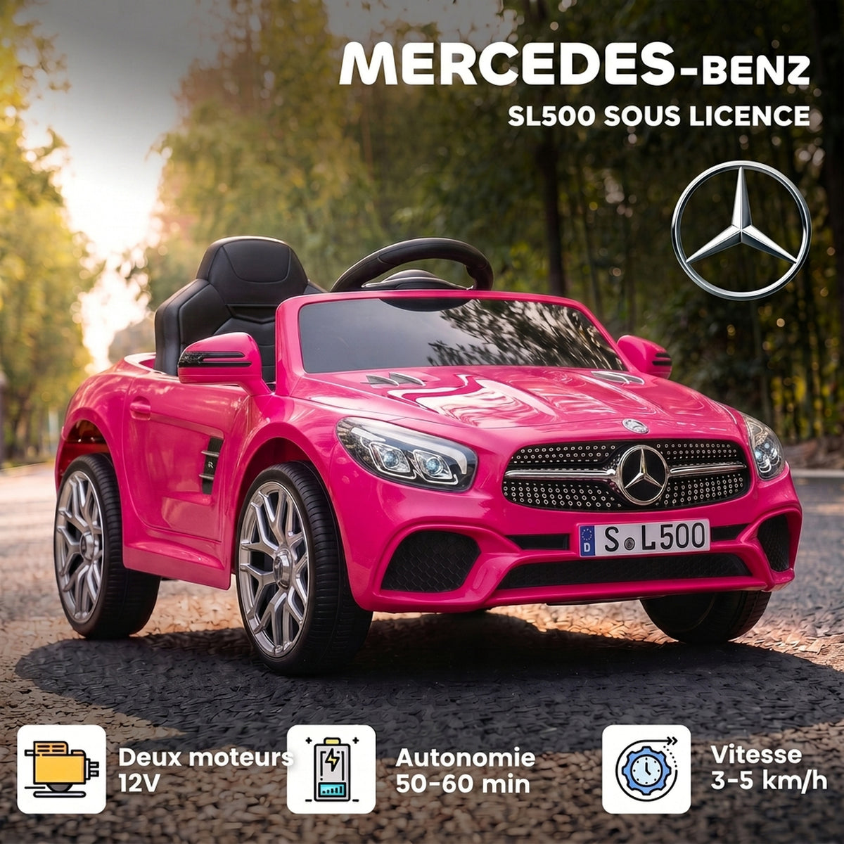 Voiture Électrique Enfants 12V Mercedes-Benz SL500, 3-5 km/h, 2 Moteurs, Télécommande 2,4G, pour 3-5 Ans, Rose-3