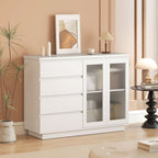 Buffet salon, meuble de rangement avec 4 tiroirs et 2 portes en verre trempé, étagère réglable, 120 x 40 x 91 cm, blanc-1