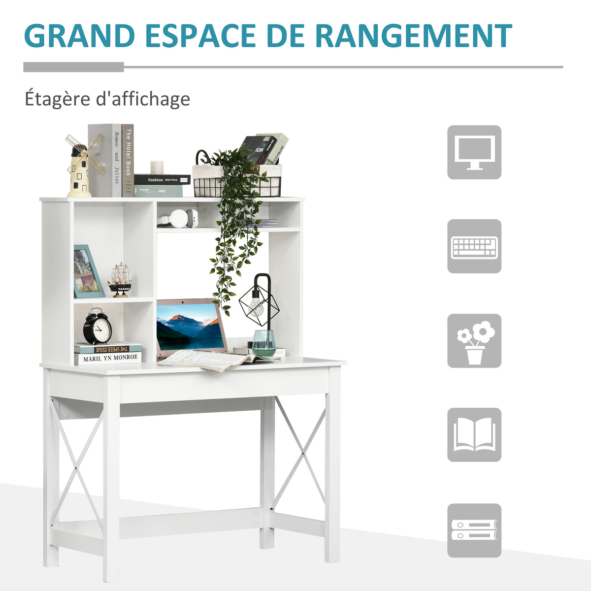 Bureau avec rangement bibliothèque en bois moderne avec étagères et grand plateau pour petits espaces maison chambre à coucher, 105 x 50 x 137,5 cm, blanc-3