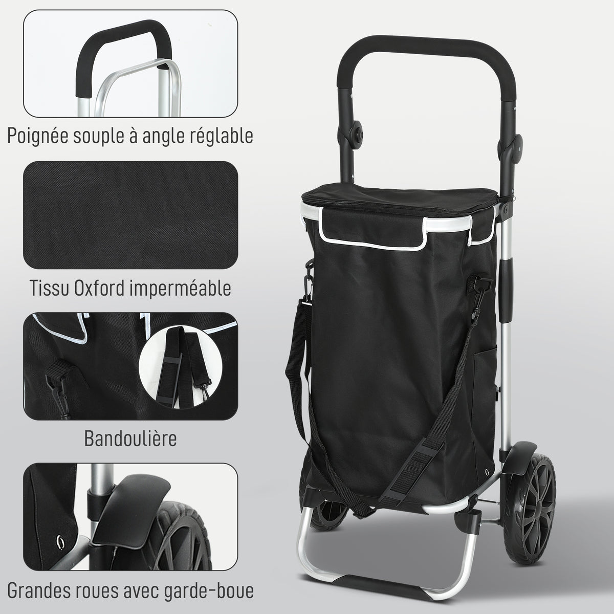 Chariot de courses pliable 40 L caddie de courses portable à roulettes avec poignée télescopique, 45,5x35,5x97cm, noir-6