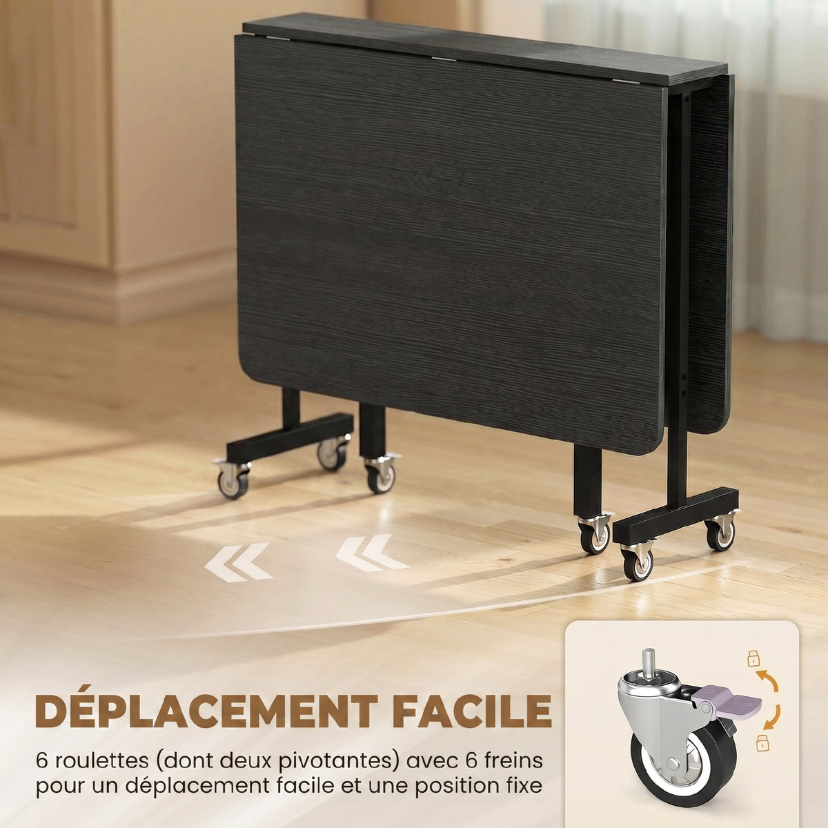 Table à Manger Pliante sur Roulettes pour 4-6 Personnes 120 cm, Roues avec Freins, 2 Abattants, Industriel, Noir-5
